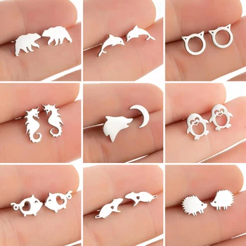 Множество обеци от животни от неръждаема стомана за жени Минималистични бижута Dolphin Bear Wolf Pig Mouse Studs Ear Piercing Orecchini