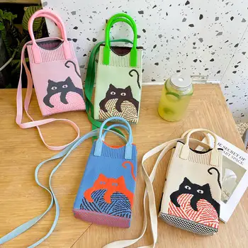 Мода Мини плетена чанта за рамо Crossbody чанта Сладка котка чанта Casual Trend All-Match преносим телефон торбичка чанта чанта за съхранение чанти