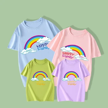 Мода Семейство Съвпадение Тоалети Писмо Rainbow Print Tee Памучна тениска Лятна майка Дъщеря Върхове Детски тениски Семейни дрехи