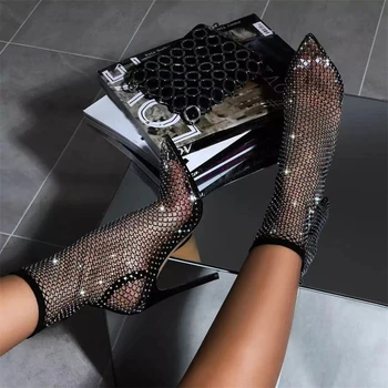 Мода кристал кристал Rhinestone окото летни ботуши жени сандали PVC прозрачни заострени пръсти женски обувки високи токчета помпи черно бяло