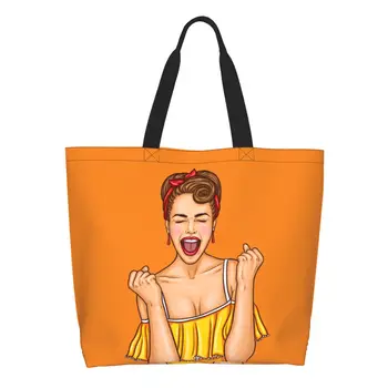Мода поп арт секси развълнуван жена пазаруване голяма пазарска чанта рециклиране карикатура елегантен момиче дама хранителни платно рамо купувач чанта
