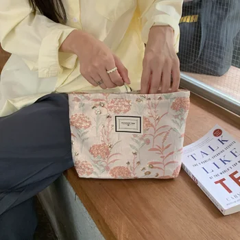 Мода флорални бродерия синьо розов съединител грим чанта козметична чанта за съхранение пътуване преносим тоалетна чанта грижа за кожата организатор торбичка