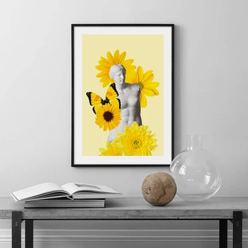 Модерен абстрактен плакат за платно Скандинавски растителен печат СлънчогледЖивописЖълта стена Арт Прост декор Всекидневна без рамки