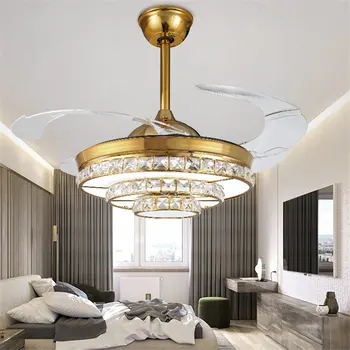 Модерни светодиодни кристални таванни вентилатори със светлини Лампа за вентилатор за спалня Декорация на дома Сгъваем вентилатор на тавана Дистанционно управление 110 220 волта