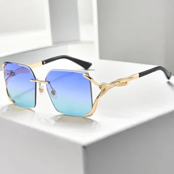 Модни ретро слънчеви очила без рамки Мъже жени сплав леопардови слънчеви очила дама висококачествени квадратни очила момиче UV400 Gafas De Sol