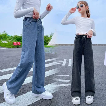 Момиче дънки плътен цвят детски дънкови панталони за тийнейджъри 2022 Нови детски свободни панталони Пролет Есен Момичета Дрехи 5-14Years
