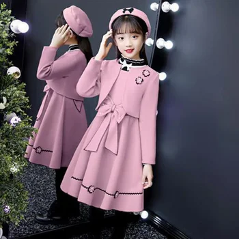 Момичета Есен 2024 Нов корейски стил червен вълнен костюм принцеса рокля мода бебе детски дрехи