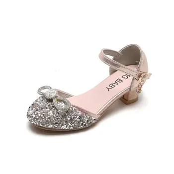 Момичета Танцови сандали на висок ток Детски кожени обувки Перлена детска сватбена обувка