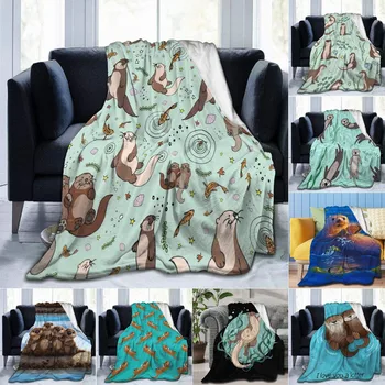 Морски видри хвърлят одеяло,зелени малки фланелени скута одеяло подаръци за деца,диван уютен обяд почивка одеяло за офис диван кола