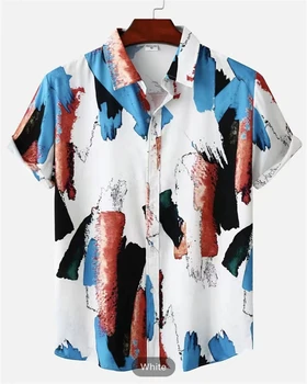 Мъжка хавайска риза 3d печат кремаво-бяло мастило къси ръкави ревера риза реколта извънгабаритни мъже блуза карирани върховете плажни тениски