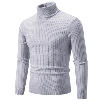 Мъжки есен и зима високо деколте плета пуловер риза тънък годни дълъг ръкав пуловер плътен цвят тенденция мъжки дрехи