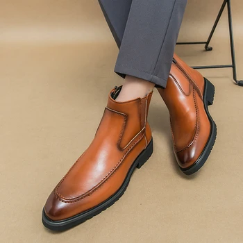 Мъжки класически ретро бизнес кожа Челси глезена ботуши мъжка мода случайни британски стил кратко обувка дебели подметки висок топ обувки