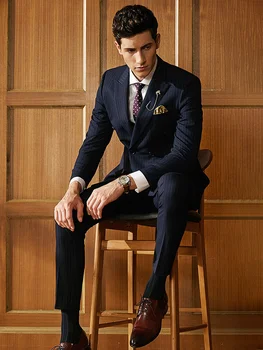 Мъжки костюми комплект Blazer Vest Pant Double Orded Slim Fit Deep Blue Stripe Официално мъжко облекло 2022 Есенно сватбено облекло за младоженеца 58A