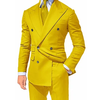 Мъжки костюми яке панталони две части жълт двуреден връх ревера Terno елегантна мода Bazer тънък годни бала редовен младоженеца