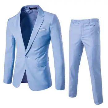 Мъжки панталони комплект Мъжки тънък годни панталони Стилен мъжки бизнес костюм комплект ревера с един бутон палто тънък годни панталони с джобове