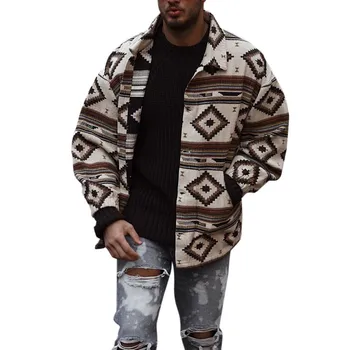 Мъжко яке есенно облекло бохемски шик улично облекло ревера мода печатни палто печат геометричен модел еднореден блейзър