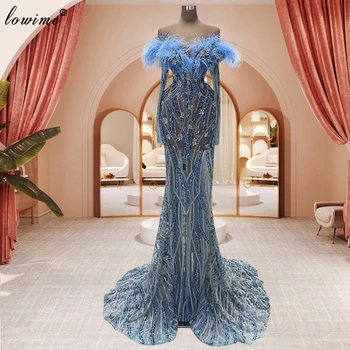 Небесно синьо Блестящи рокли на знаменитости 2023 Скъпа Прозрачни абитуриентски рокли Русалка Вестидос де Гала Коктейлни рокли на рамото
