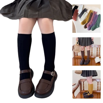 Неплъзгащи се бебешки памучни чорапи до коляното Плътен цвят плетене на една кука малко момиче коляно високи чорапи дишаща пролетта чорапи 0-10Y чорапи