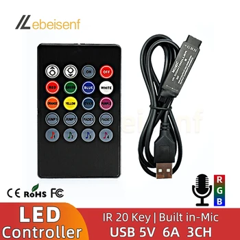 Нов мини 5V USB LED музикален контролер Mic Dimmer аудио сензор с 20 ключа IR дистанционно за 5050 2835 цвят RGB лента светлина KTV барове