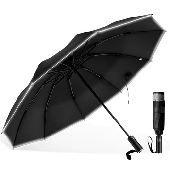 Нов обратен 10 ребра чадър автоматичен чадър със светлоотразителна лента ветроупорен обърнат сгъваем чадър преносим чадър