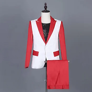 Нов червено-бял снаждан мъжки костюм 3 парче комплект високо качество мода яке певец танцьор концерт изпълнение костюм по поръчка