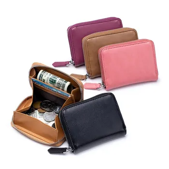Нова естествена кожа монета чанта мъже малък джоб RFID блокиране визитка притежателя мини жени елегантен портфейл цип съединител чанта