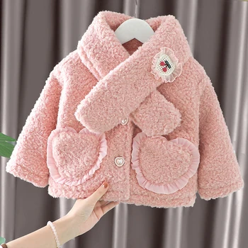 Нова зима запази топло момичета яке шал стил любов джоб облицована плюшени стил тежко палто за деца деца рожден ден подарък