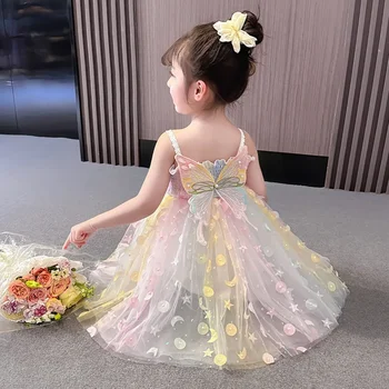 Нова лятна рокля за момиче 3-8 години Пайети къдри Елегантна детска ваканция сладък лък Vestidos рожден ден принцеса рокли