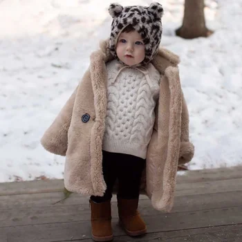 Нова мода есен и зима момчета и момичета удебелени плюшени топло палто бебе детски средата дължина имитация кожа палто