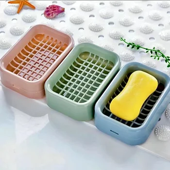 Нова мода проста плътен цвят решетка сапун кутия тоалетна двойно източване сапун кутия не вода пластмаса преносим