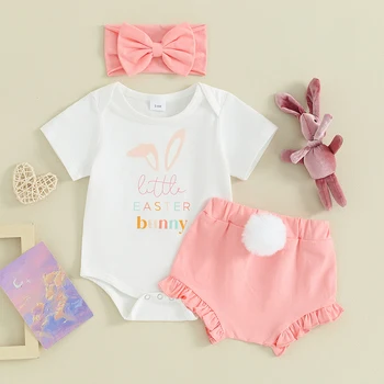 Новородени летни дрехи бебе момиче Великден облекло къс ръкав гащеризон плътен цвят шорти 3бр комплекти 3 6 9 12 18 месеца