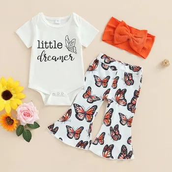 Новородено бебе момиче панталон комплекти летни дрехи 2023 облекло къс ръкав писма боди и пеперуда факел панталони с лък лента за глава