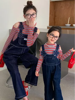 Облекло родител-дете Есен Нова корейска версия на Майка и Дъщеря Етикетиране на дрехи Триизмерен гащеризон от цветен деним