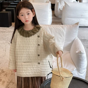 Палто за момичета Есен 2023 Ново модно детско памучно палто Есенен стил Малки момичета Леки памучни дрехи