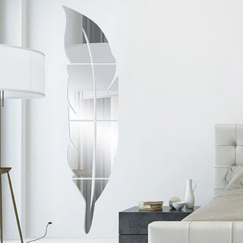 Перо форма огледало стена стикери 3D стена стикер спалня декорация дома акрилни самозалепващи филмови аксесоари