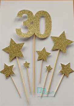 Персонализиран номер Злато Топери за торта за 30-ти рожден ден, Златен блясък 30 & Star торта топери, Топери за торта за рожден ден, Асортимент Pack
