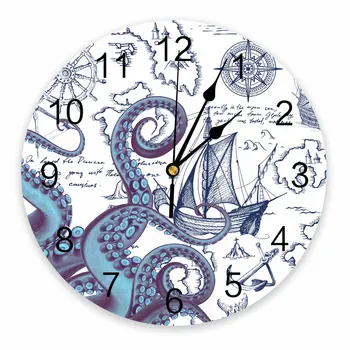 Пиратски кораб Навигационна карта Октопод пипала Отпечатани стенен часовник Модерен безшумен часовник Всекидневна Начало Декор стена висящ часовник