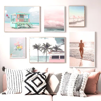 Плаж океан кола секси жена пейзаж розова стена изкуство платно живопис скандинавски плакати и отпечатъци стена снимки за хол декор