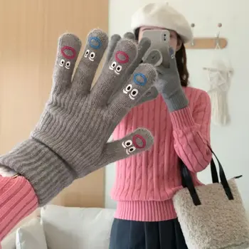 Плътен цвят емотикон ръкавици сладък ветроупорен карикатура плетени ръкавици корейски стил вълнени пълни пръсти ръкавици есен