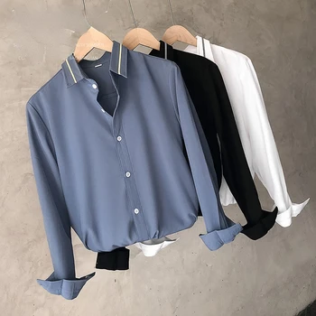 Плътна риза Мъжки ризи с дълъг ръкав Мъжки корейски удобни блузи Облекло Ежедневни хлабав класически еднореден риза H24