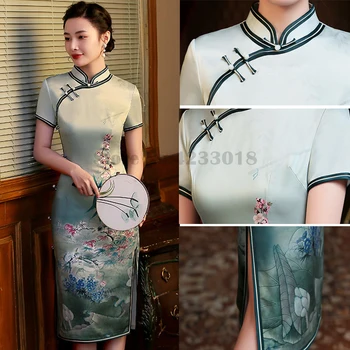 Плюс размер 4Xl жените Cheongsam печатни стойка яка традиционна китайска рокля литературни ретро национален стил средна дължина Qipao