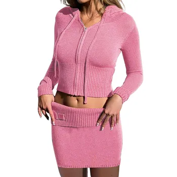 Пола комплекти за жени плета пуловер 2 парче екипировки плътен цвят тънък годни с цип нагоре качулки върховете висока талия мини пола анцузи