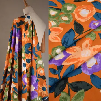 Половин метър оранжев цветен цветен цветен печат висококачествен обикновен шифон плат за курортна рокля риза тъкан T1800