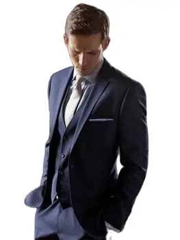 Поръчков блейзър панталон 2Buttons Navy Blue Groom Tuxedos Notch Lapel Groomsmen Мъжки сватбени костюми (яке + панталони + жилетка + вратовръзка)