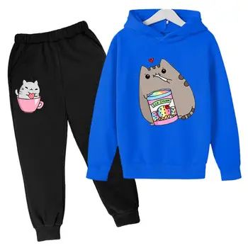 Пролет Есен Момчета Момичета Случайни мода Дебела котка отпечатани пуловер качулка отгоре + панталони спортно облекло 3-12 години деца облекло