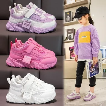 Пролет Нови детски маратонки 2022 PU момичета Casual Mesh Solid Pink Light Boys White Hook & Loop Детски неплъзгащи се спортни обувки Мода