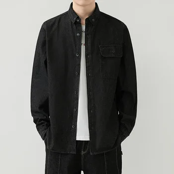 Пролет есен мъже дълъг ръкав деним риза памук плътен цвят случайни каубойски ризи високо качество тънък блуза черно корейски дрехи