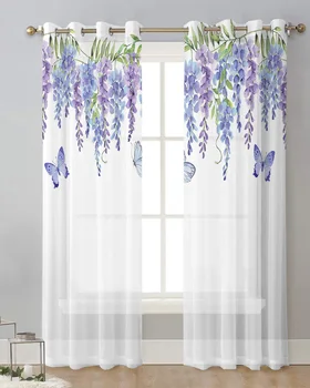 Пролетни цветя Акварел Глициния Модерни тюл завеси Всекидневна Кухня Отвесни прозорци Voile завеси с втулки