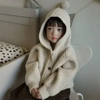 Пуловери Ново корейско детско облекло Прекрасен отворен бод трикотаж с качулка райе замърсен универсален стил момчета момичета