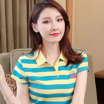 Раирана поло риза с къс ръкав Тениска с половин ръкав Дамска яка Топ женска 2023-водеща лятна корейска стилна ревер поло риза